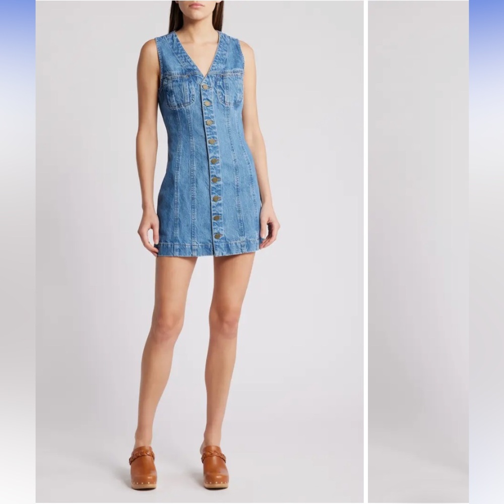 Frame Sleeveless V-Neck Button Front Trucker Pocket Denim Mini Dress